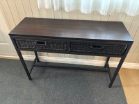 Dark wood and metal table w/ rattan drawers
