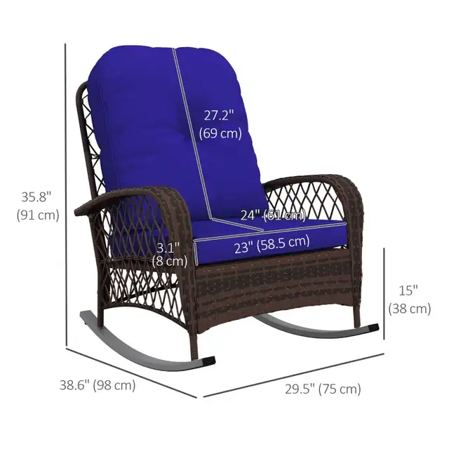 Blue Outdoor Wicker Rattan Rocking Chair with thick cushion  in Patio & Garden Furniture in Markham / York Region - Image 3