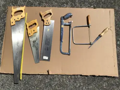 Mitre back saw: $10; 14” saw: $8.00; 26” coarse cut saw: $15; Coping saw: $8:00 Hack saw, aluminum,...