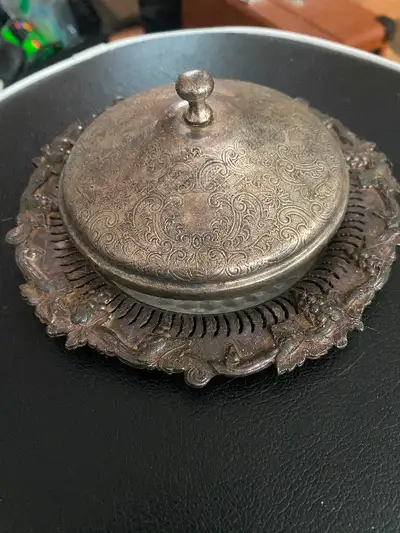 Vintage Wm Rogers Silverplated Pierced Round Serving Tray SP On Copper Ashtray and cover (different...