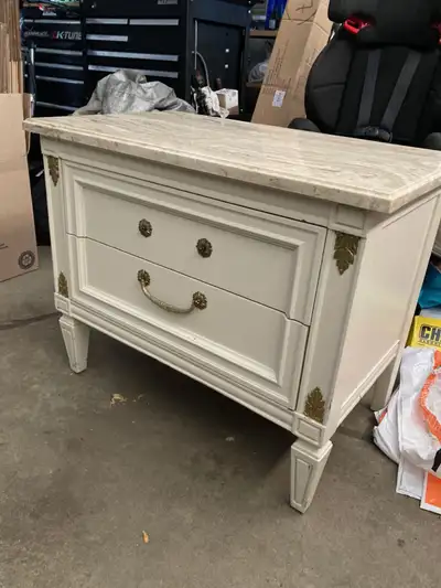 Marble Top End Table or Bedside Cabinet - Measurements W30" x D18" x H24" Antique White with Gold De...