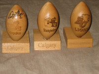 CFL Stampeders Flutie Allan Signed Wooden Football + Bobblehead