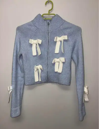 Cider High Neck Bowknot Knitted Cardigan in Baby Blue - Size XS, View more