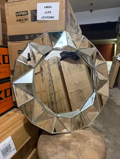 Round Decorative Wall Mirror Geometric Crystal Frame Modern, View more