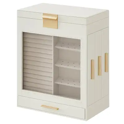 SONGMICS Jewelry Organizer with Interchangeable Drawers & Mirror – Cloud White + Gold Showcase and p...
