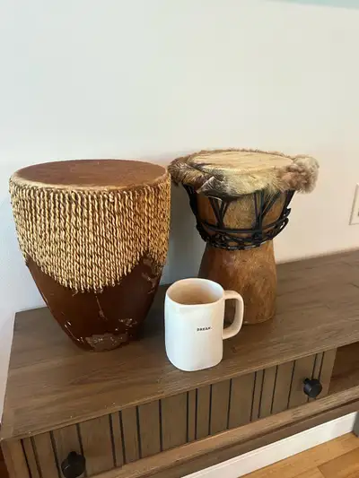 SMALL AUTHENTIC VINTAGE AFRICAN HAND DRUMS PERCUSSION INSTRUMENT, View more