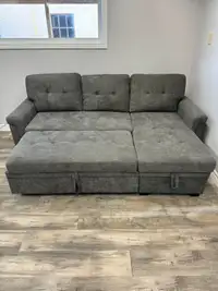 New Sleek Grey Pullout Bed Sleeper Sectional Sofa In Huge Sale