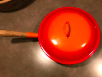 Vintage Descoware Enamel Cast Iron 11” Skillet  Flame Orange
