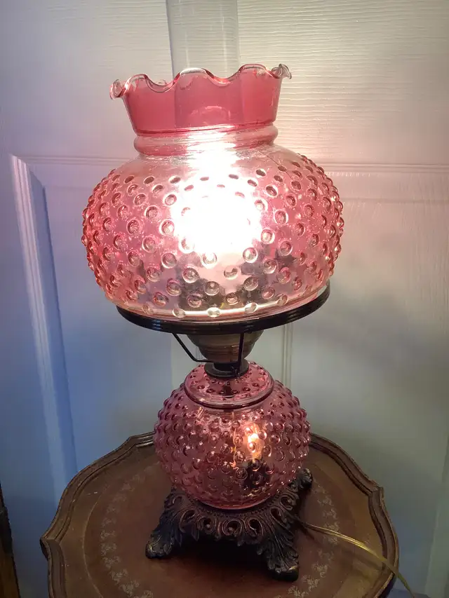 Vt Cranberry Red Hobnail Hurricane Double Lt Lamp Bronzed Base in Indoor Lighting & Fans in Belleville - Image 7