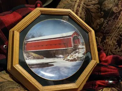 Vintage Art Decoration Plate Framed -Canada Covered Bridge, View more