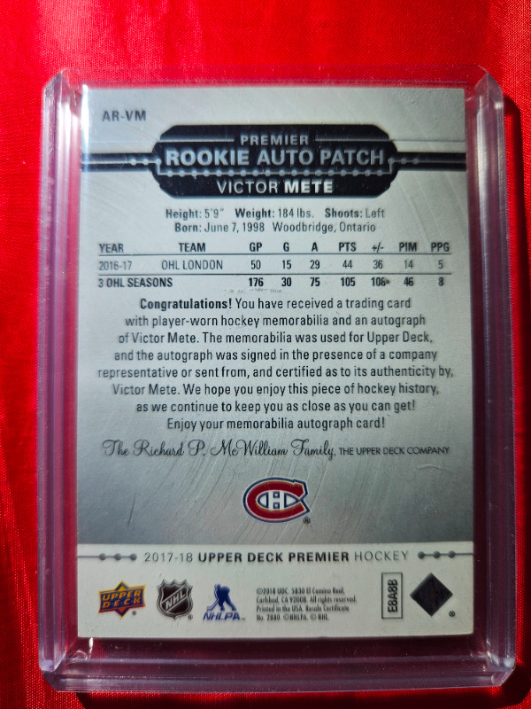 Victor Mete Montreal Canadiens Rookie Auto Patch Card 52/299 in Arts & Collectibles in St. Catharines - Image 2