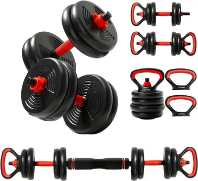 NEW CURSOR FITNESS 4-IN-1 Adjustable Dumbbells Set, Work As Dumbbell/Barbell/Kettlebell/Push up Stan...