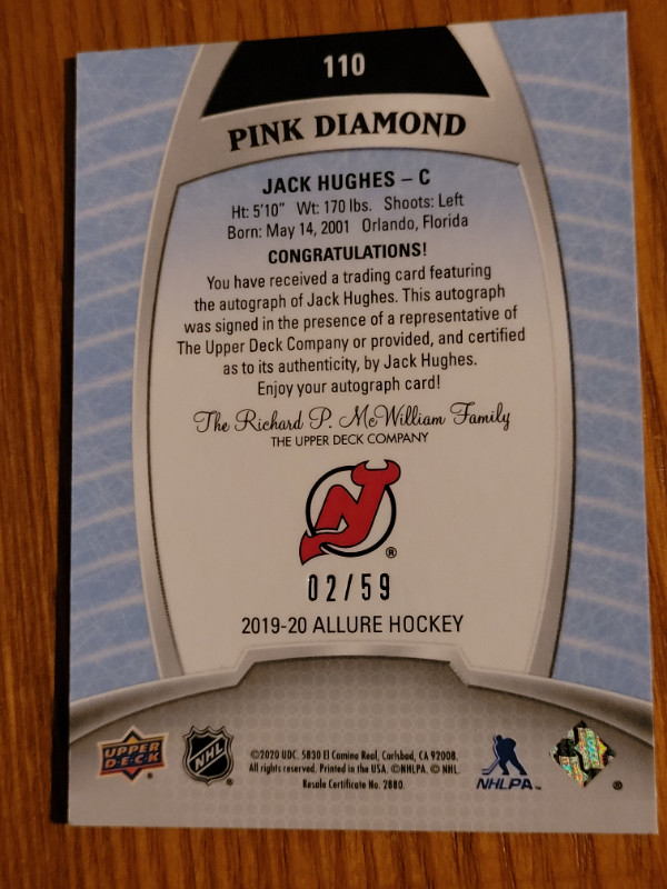 2019-20 Jack Hughes Rookie Auto UD Allure Pink Diamond 02/59 in Arts & Collectibles in Cornwall - Image 2