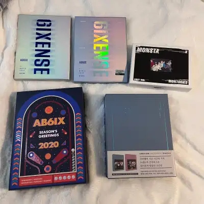 Various kpop merch for sale including: ($40) AB6IX - 6IXENSE DVD, ALL Inclusions ($50) AB6IX - 6IXEN...