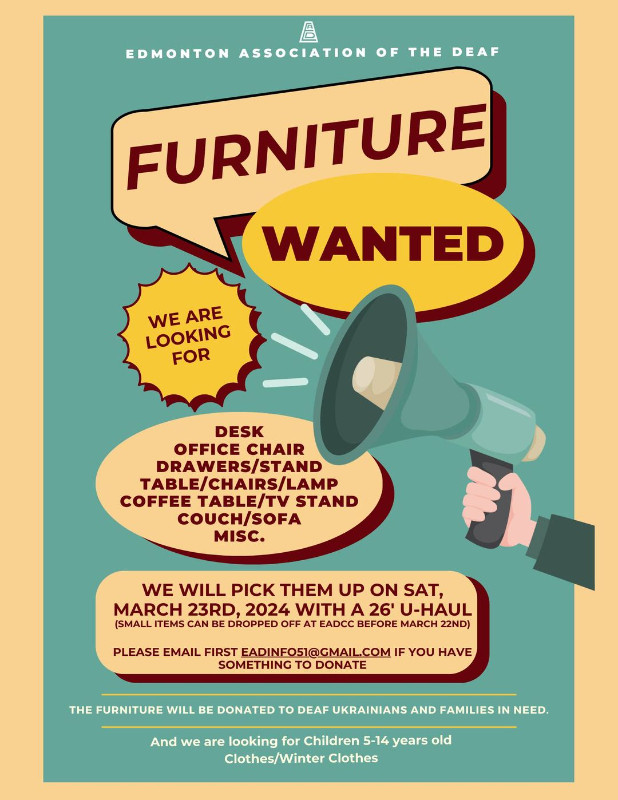Furniture Wanted! For Deaf Ukrainians in Other in Edmonton