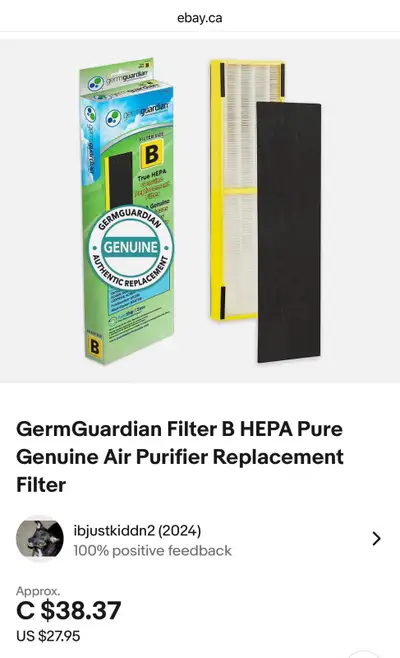 Sealed, a new Germ Guardian Filter B HEPA Pure Genuine Air Purifier Replacement Filter, model LB4000...