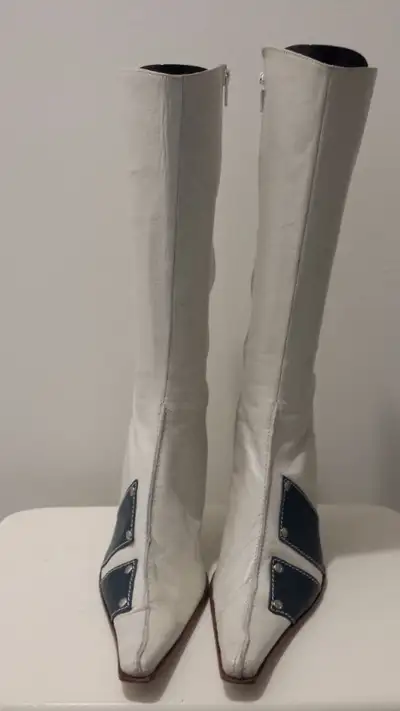 White Leather Knee High Woman's Boots by Missanga – Size 8, View more