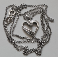 10k White Gold Rolo Chain Link Necklace w/ Diamond Heart Pendant