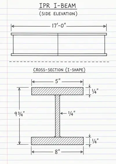 Steel IPR (I-beam) profile with the following characteristics: • Overall length: 17 feet (17’-0”) •...