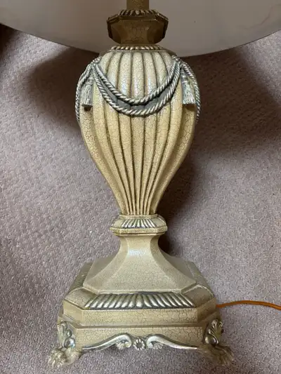 30” to top of shade This is a vintage neoclassical faux stone table lamp. The lamp has a crackle fin...