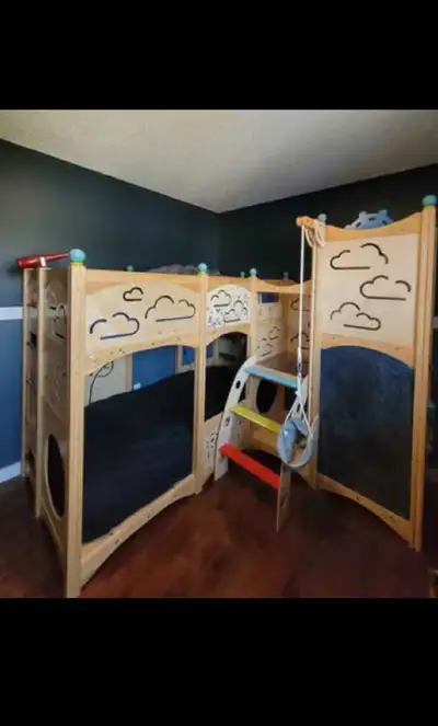 Quality made bunkbed in good condition. Has chalkboard on both sides/climbing structure. Fun for the...