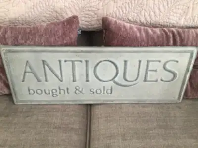Beautiful Metal Sign. Antiques Bought and Sold. 25”x9” Great Decor Inside or Outside. Perfect if you...