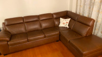 L-shape brown genuine leather couch