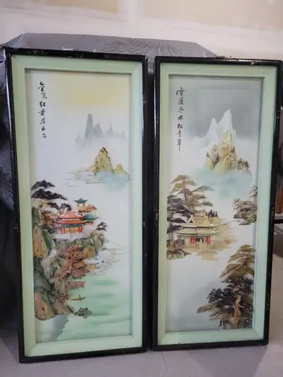 - Asian wall art - vintage - art pieced together with shell, in a shadow box style frame ***from pet...