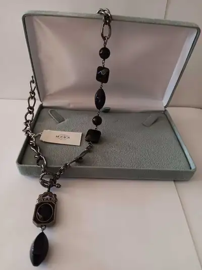"Myka Jewelry"/Black & Dark Blue Stones/Patinated Silver Tone Metal Pendant Necklace: • BRAND: "Myka...