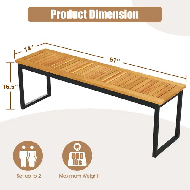 51"Wooden Outdoor Bench Patio Dining Bench Acacia With Wood Seat