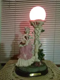 FIGURAL Desk LAMP LADY IN PINK DRESS GLASS ROUND SHADE