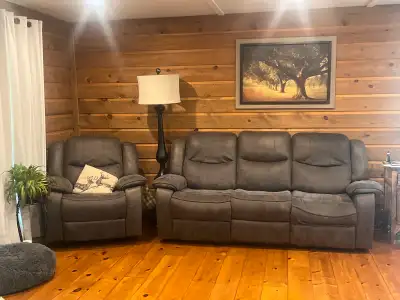 reclining sofa and reclining chair grey brown, View more