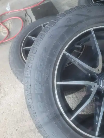 4 winter tires on aluminum rims 70%life left Came off a VW TIGWAN 225 65 R17 WITH HUB REDUCER RINGS.