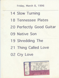 ORIGINAL RARE JOHN HIATT SET LIST w/ 11th ROW FLOOR TICKET STUB