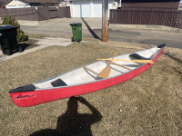 Quicksilver 16 foot fibreglass canoe with two wooden paddles 
