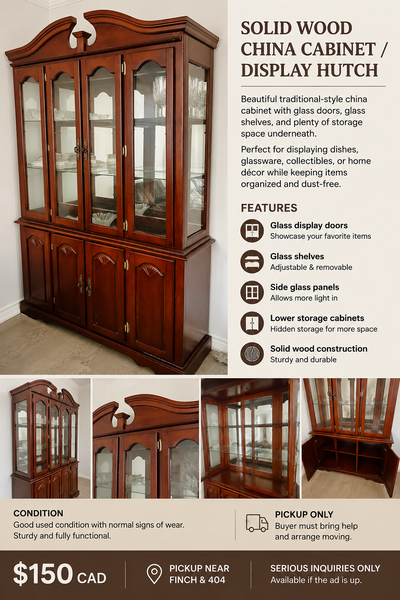 Solid Wood China Cabinet / Display Hutch, View more
