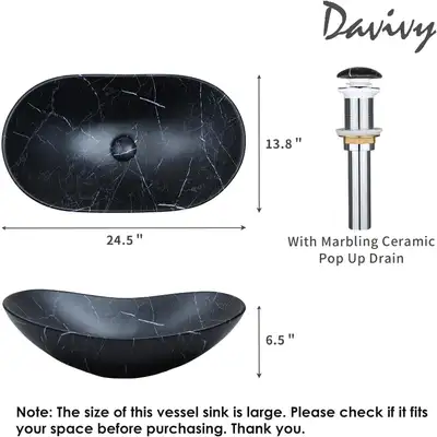 Davivy 24.5'' X 13.8'' Large Marbling Matte Black Oval Vessel S, View more