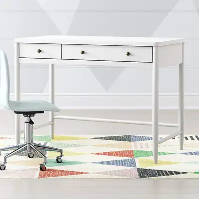 White study desk with two drawers and antique brass finish metal pulls (can be replaced with differe...