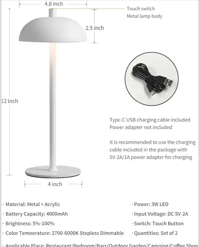Ophouliy Cordless Table Lamp 2 Pack Rechargeable Battery Operate in Indoor Lighting & Fans in Markham / York Region - Image 9