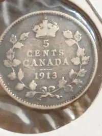 SOLD 1913 George V XF AU Canada .925% silver 5 cents coin