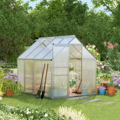6' x 8' x 6.5' Walk-in Greenhouse, Polycarbonate Greenhouse with Adjustable Roof Vent, Base, Sliding...