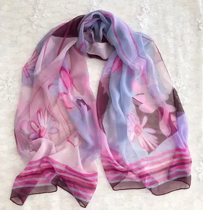 100% Silk Feeling Chiffon Oblong Scarf Floral Violet Gift, View more