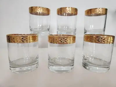 Set of 6 Vintage MCM Italian Gold Rim Small Rock Barware Glasses, View more