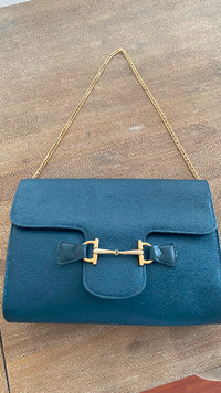 Vintage large gucci flap bag purse gold chain navy blue Horsebit