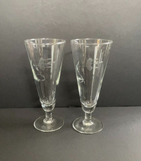 Lot of two Etched Parfait Glasses Vintage Glassware Floral