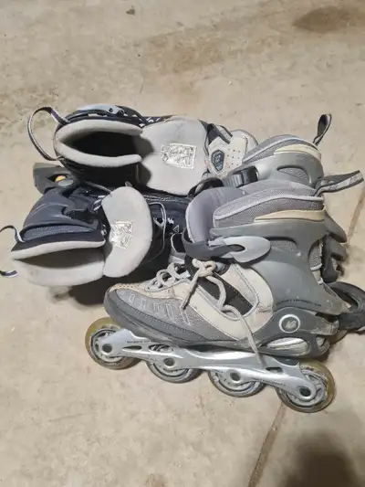 2 sets of rollerblades both US 8. $25 a pair. Wheels roll smoothly, boots are worn still presentable...