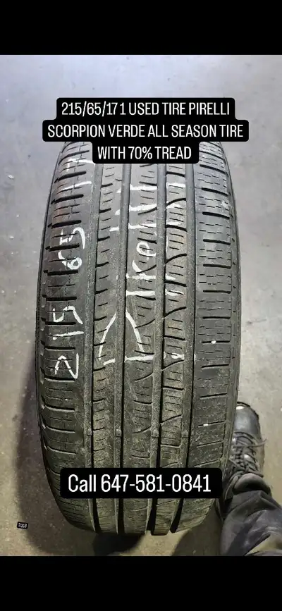 Selling a used Pirelli Scorpion Verde all-season tire, size 215/65/17, with approximately 70% tread...