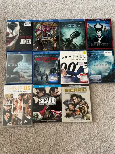 Blu Ray discs: 1. Joker 2. Batman Ninja animated 3. The dark knight 4. Disney Maleficent 5. Dunkirk...