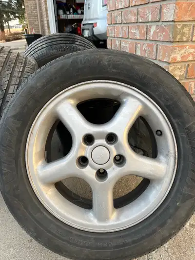 Selling all season tires 225/55/R 16 on alloy rims with bolt pattern 5 x 114.3. Lots of tread left o...