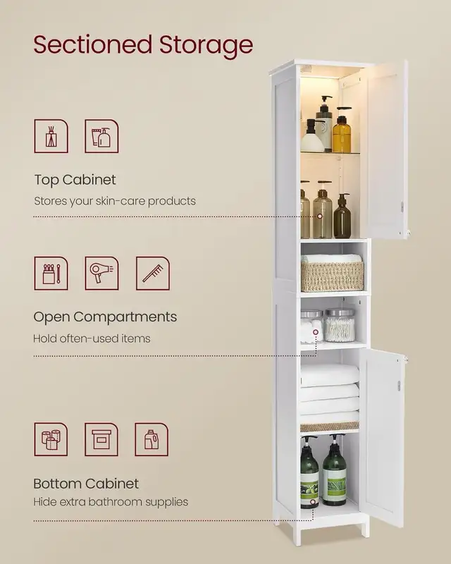 VASAGLE Tall Bathroom Cabinet with Lights, Slim Bathroom Storage in Bathwares in Markham / York Region - Image 6